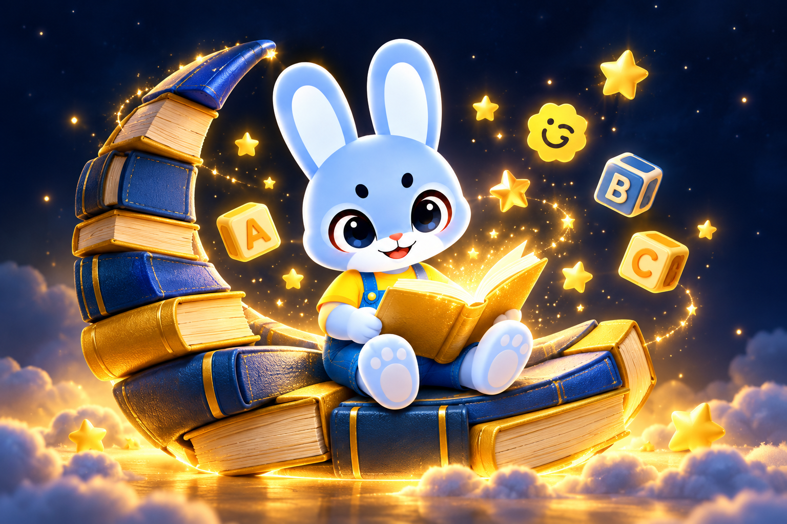 社区创作：MAX 坐在书本月牙上阅读，金色星光从书中升起