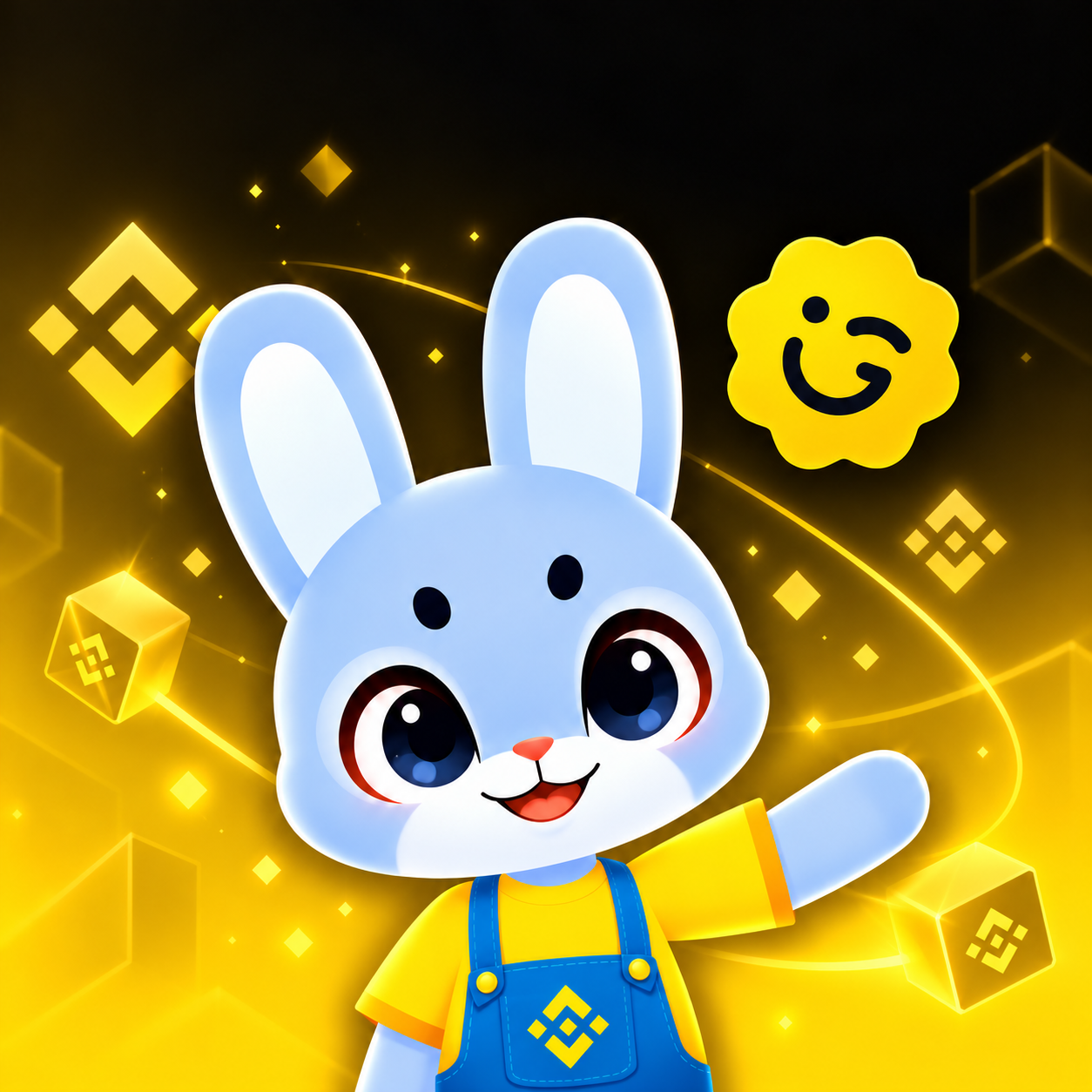 穿着黄色上衣和蓝色背带裤的 MAX 蓝兔，周围是金色轨道与 Giggle 笑脸